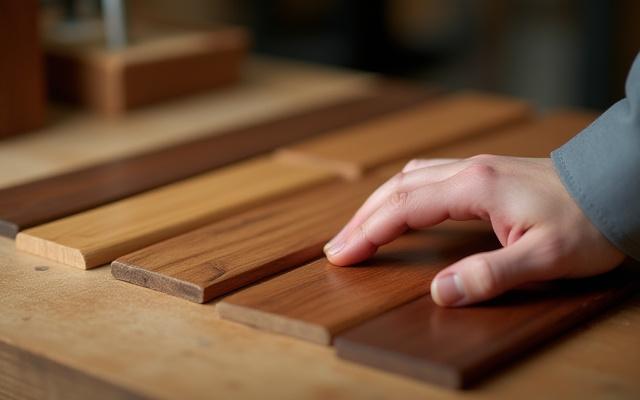 Hånd som berører ulike typer beiset treverkprøver