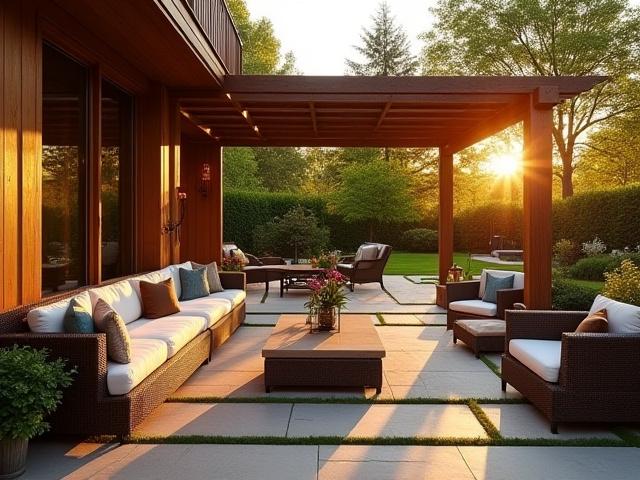 Skreddersydd utendørs patio med pergola og innebygde sitteplasser i værbestandig treverk.